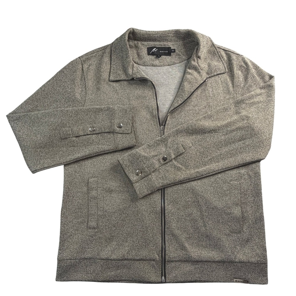 Mauvais Herringbone‎ Zip Up Jacket Womens Large Snap Cuff Collared Coat